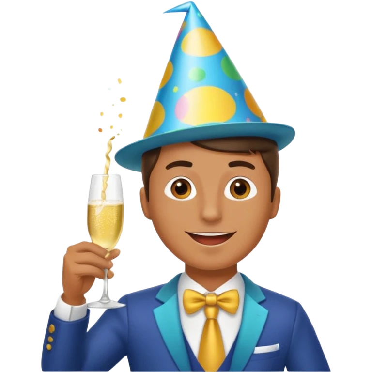 An energetic man throws his head back, drinking champagne loudly as the New Year begins. emoji