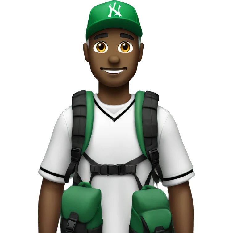A white man in the mountains with a green back pack and a jordan 4 low black with a curve front yankees cap  emoji