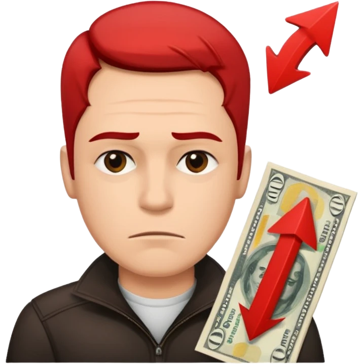 a man with money bills and a red down arrow next to him emoji