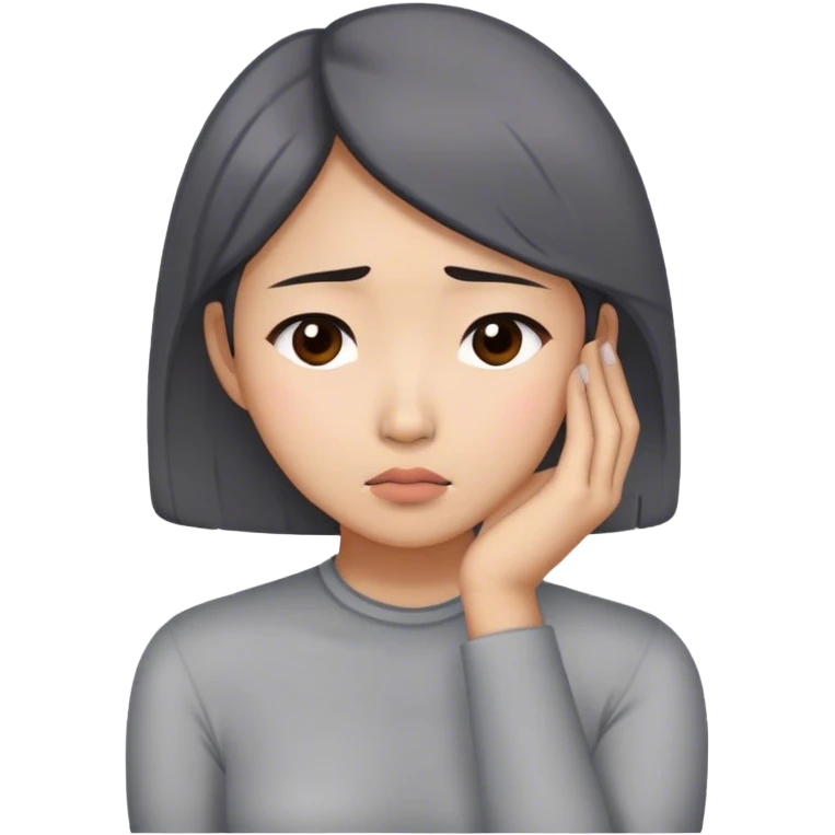 Asian woman wearing gray blouse feeling worried while resting her chin on her right hand emoji