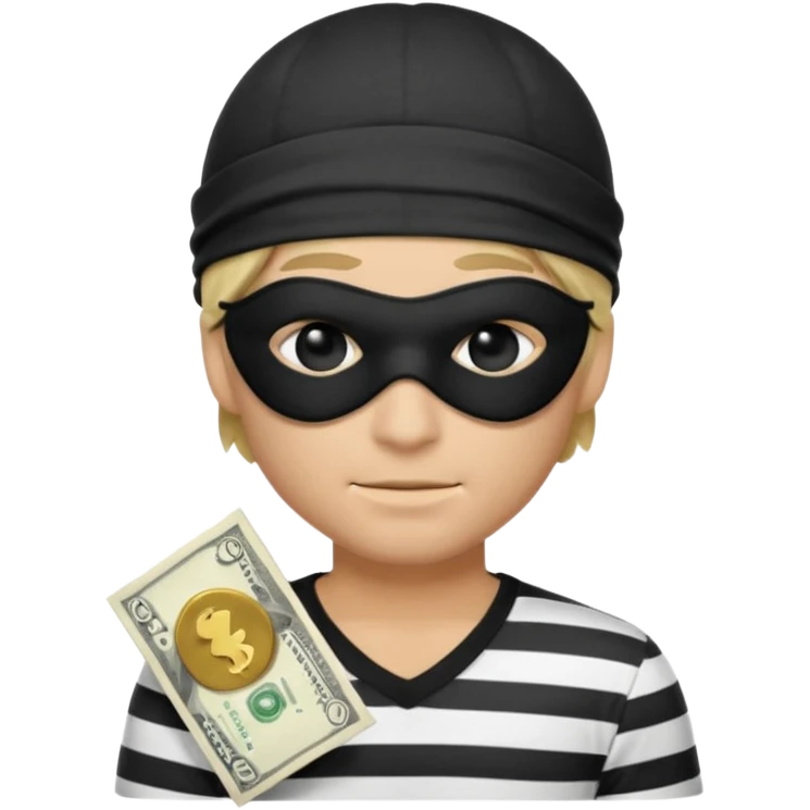 a short ios emoji-style portrait of a classic burglar, a black eye mask (looks like a blindfold) and a black-and-white striped shirt. emoji-like hair, black hat, ONE bag of money 💰 with a dollar sign in a right corner emoji