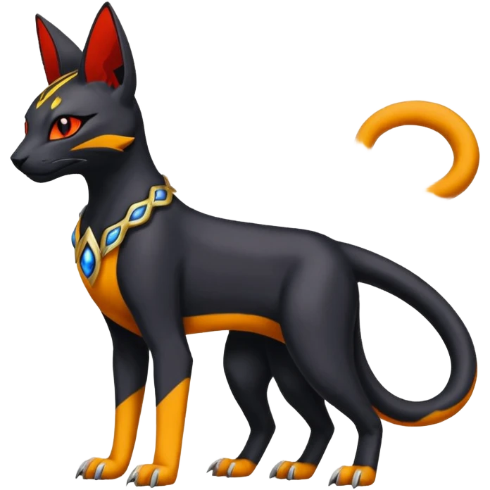 Colorful orange red black yellow Bastet-Salandit-Umbreon-Gatomon-Vernid-Protogen-Digimon-Fakémon-Pokémon-creature  (full body) emoji