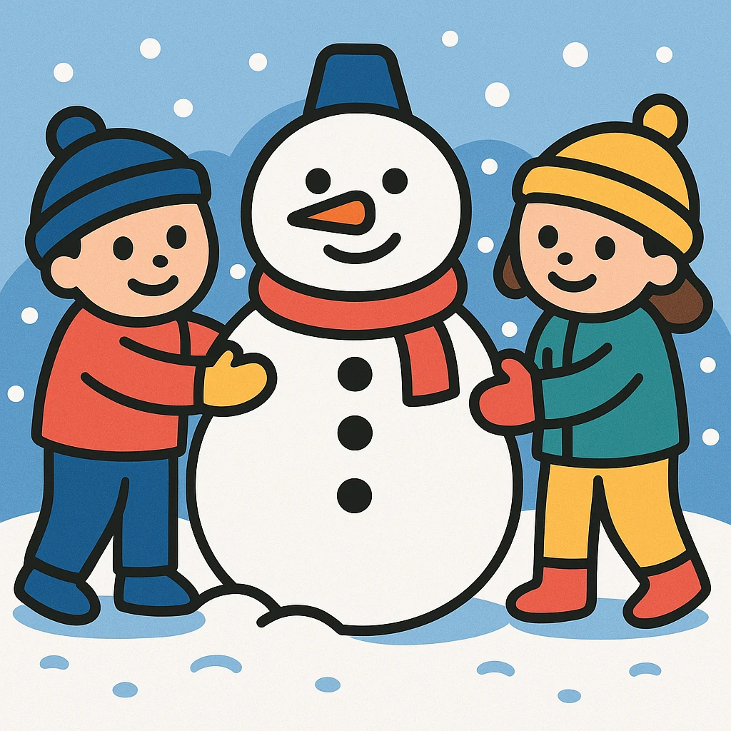 Add a snowy background behind the kids building a snowman, keep the original color outline icon style emoji
