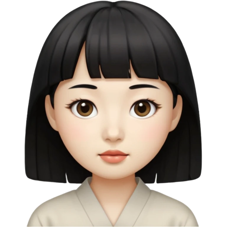 Clean Korean illustration-style emoji portrait of a young Korean woman, front-facing.
Smooth porcelain skin, soft shading, large round eyes, calm neutral expression.
Straight black bangs, black hair tied back, small nose and lips.
Round oval face, soft jawline.

 emoji