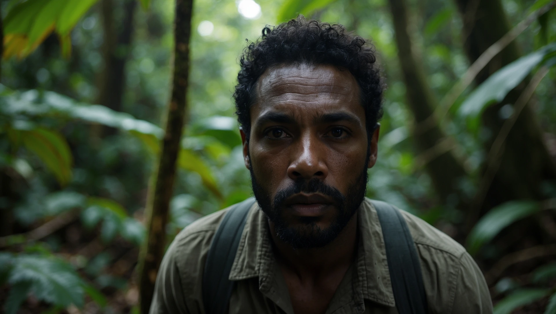 cinematic still, documentary photography, amazon jungle, well lit scene, man is exploring the jungle, close up, front shot emoji
