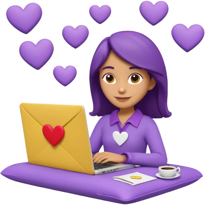 3D clay character relaxed with laptop and coffee, floating icons (envelope, heart, dollar), purple (#8B5CF6) outfit, bright yellow (#FBBF24) icons, white laptop, Pixar style, transparent background emoji