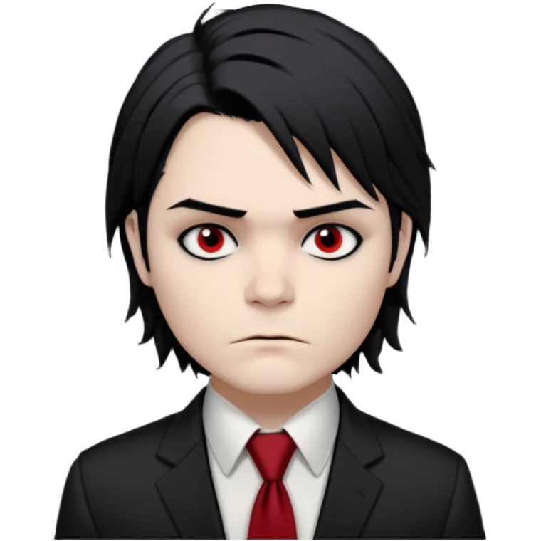 Gerard Way (Revenge Era)
Round, simplified emoji style
Pale skin tone dark eyes
-black, shoulder-length hair messy and emo
Heavy eyeliner and shadow under the eyes
Subtle serious face
Hint of red tie visible on black button up shirt.
Transparent background. Black eyeliner. Messy emo hair emoji