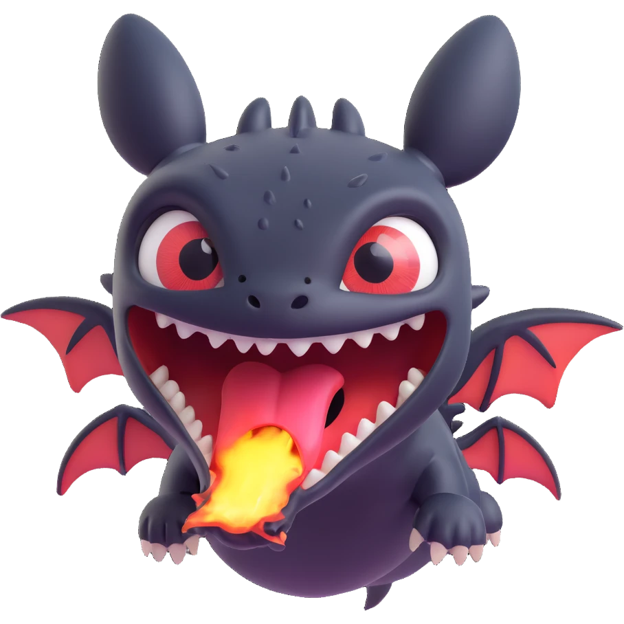 Toothless from 'How to Train Your Dragon' with his head exploded, looking shocked, 3D emoji style emoji