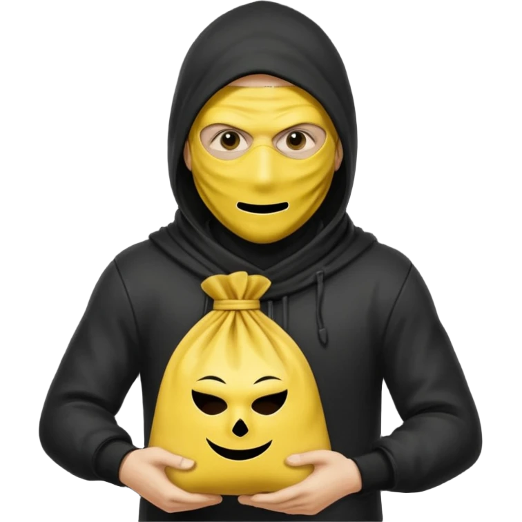 Ladrão com saco de dinheiro emoji efeito Mandela com pele amarelo com apenas a cabeça e os ombros aparecendo sem mãos emoji