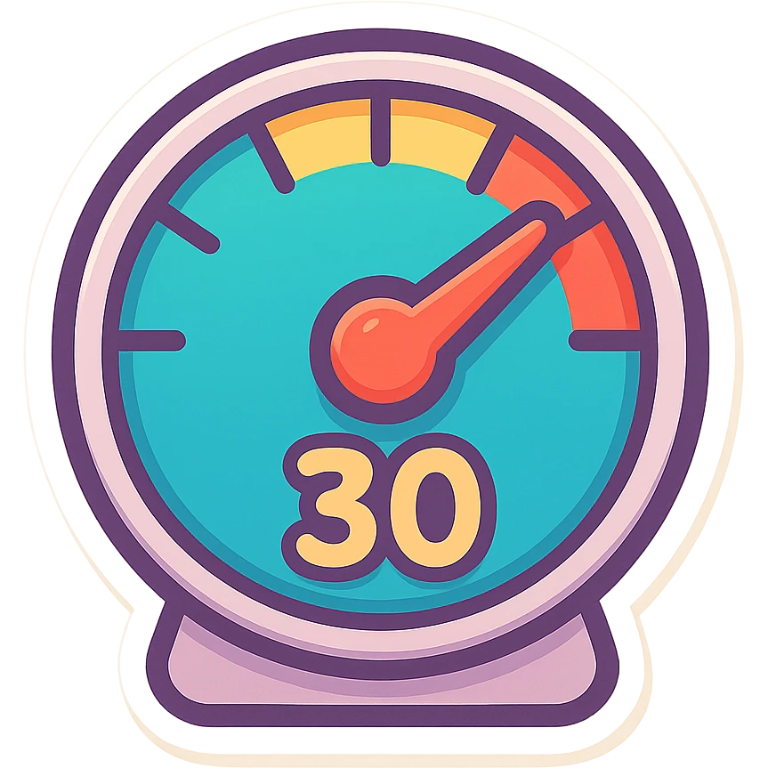 colorful cartoon-style speedometer with needle at 30 MPH, playful and bold, only the number 30 shown, no other text emoji