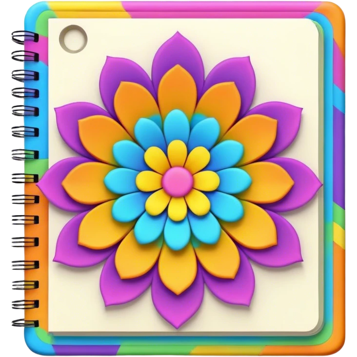 3D, psychedelic colored note pad with hippie style flower border emoji
