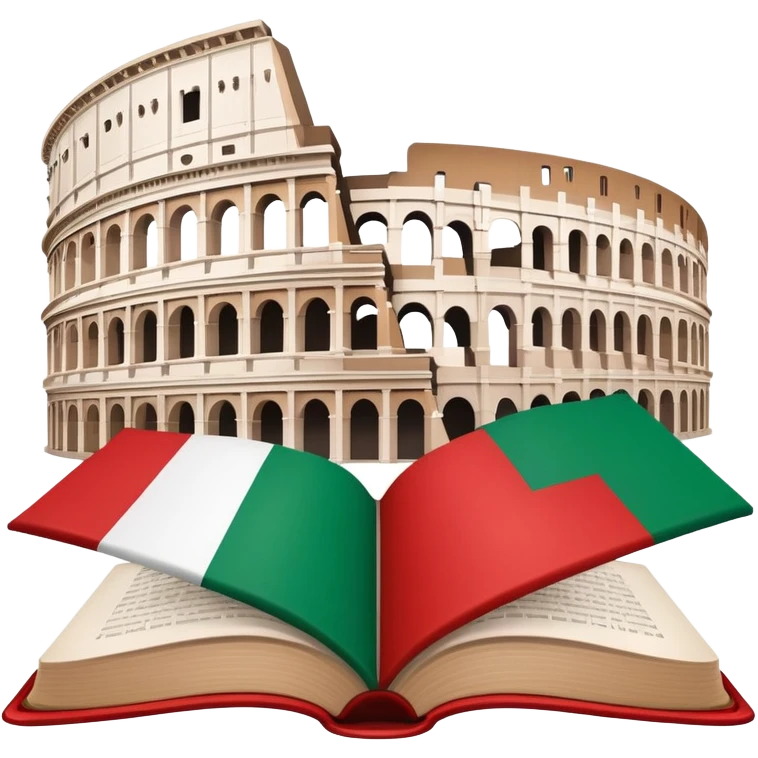 An icon featuring the Colosseum and the flag of Italy, symbolizing the Italian language. The design includes an open book with Italian phrases, representing language learning and cultural heritage. Transparent background emoji