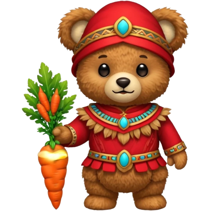 teddy bear, wearing red mayan ancient custome, with carrot emoji