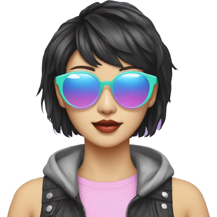 a short-haired Taiwanese lesbian as a designer with vaporwave style, without makeup, with earings, sunglasses with vaporwave image on it. emoji