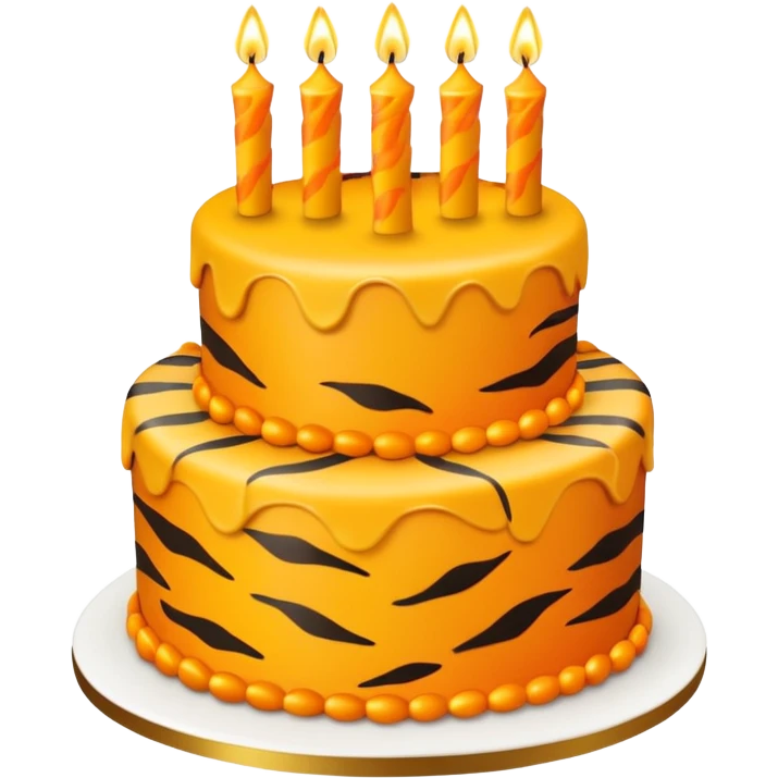 birthday cake with tiger print coloured icing, topped with lit birthday candles emoji