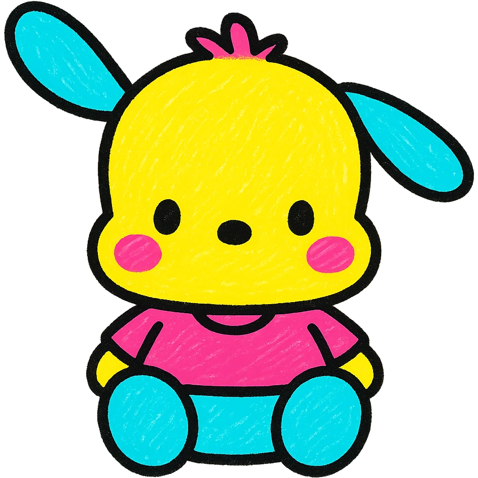 Sanrio Pochacco as a cute Popmart doll emoji, sitting pose, oversized head, tiny limbs, soft shading, kawaii style emoji