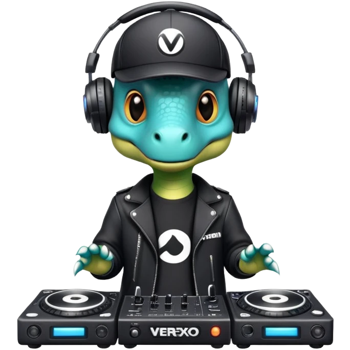 Dinosaurio muy tierno músico DJ con ropa negra futurista con nombre verexxo  emoji