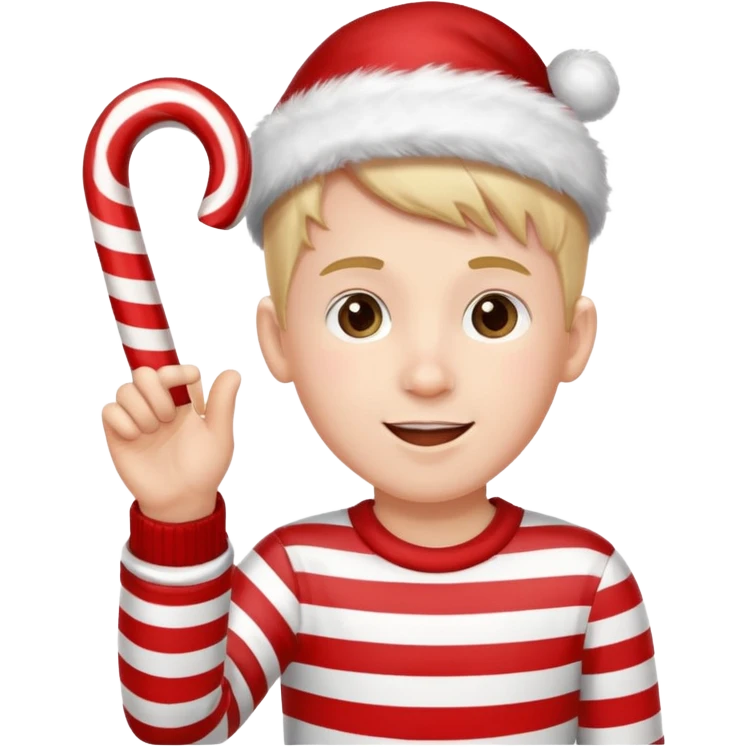A boy waving a candy cane happily, emoji