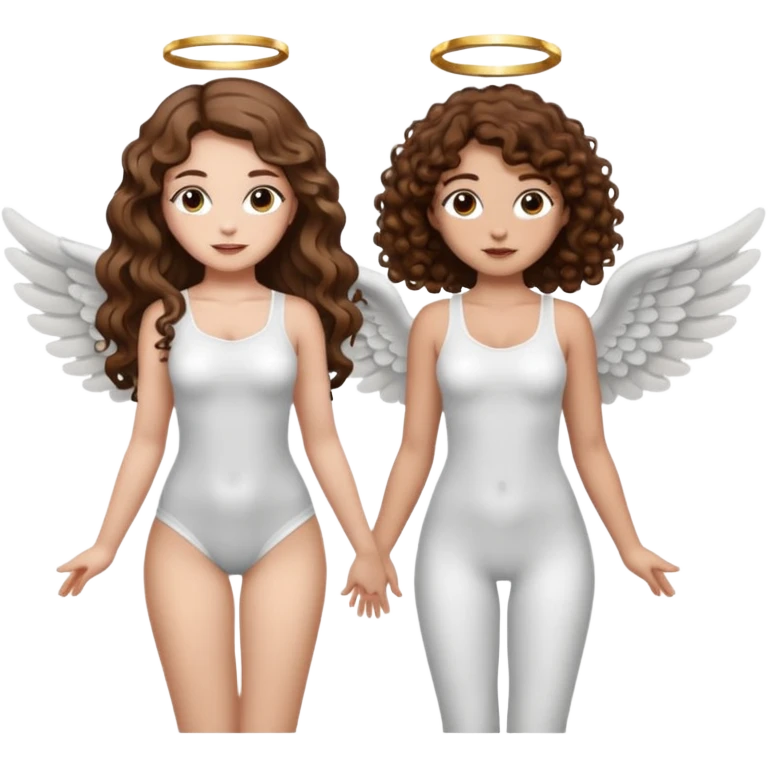 fake angel pose — long wavy brown hair tattooed woman and short tight curly brown hair woman — halo sparkle emoji