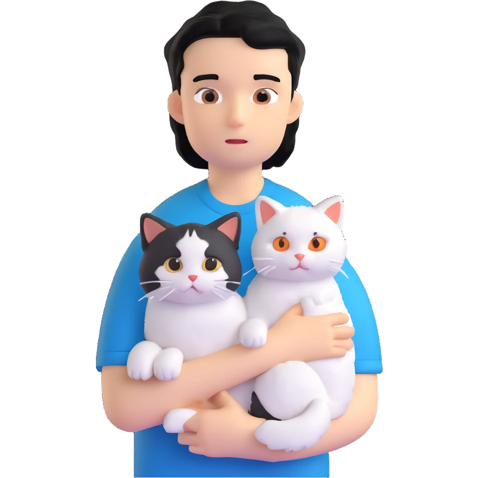 teenage boy with black hair wearing blue short sleeve shirt holding a white ragdoll cat emoji