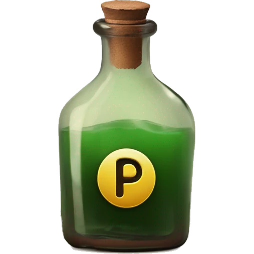 Mysterious Alchemical vintage glass potion bottle, exquisite bottle shape, old and shabby, with label, stylish and minimalistic, brown and shabby-green, oil potion is poured out of the bottle, herbal, flowers and oil is spilled next to it emoji