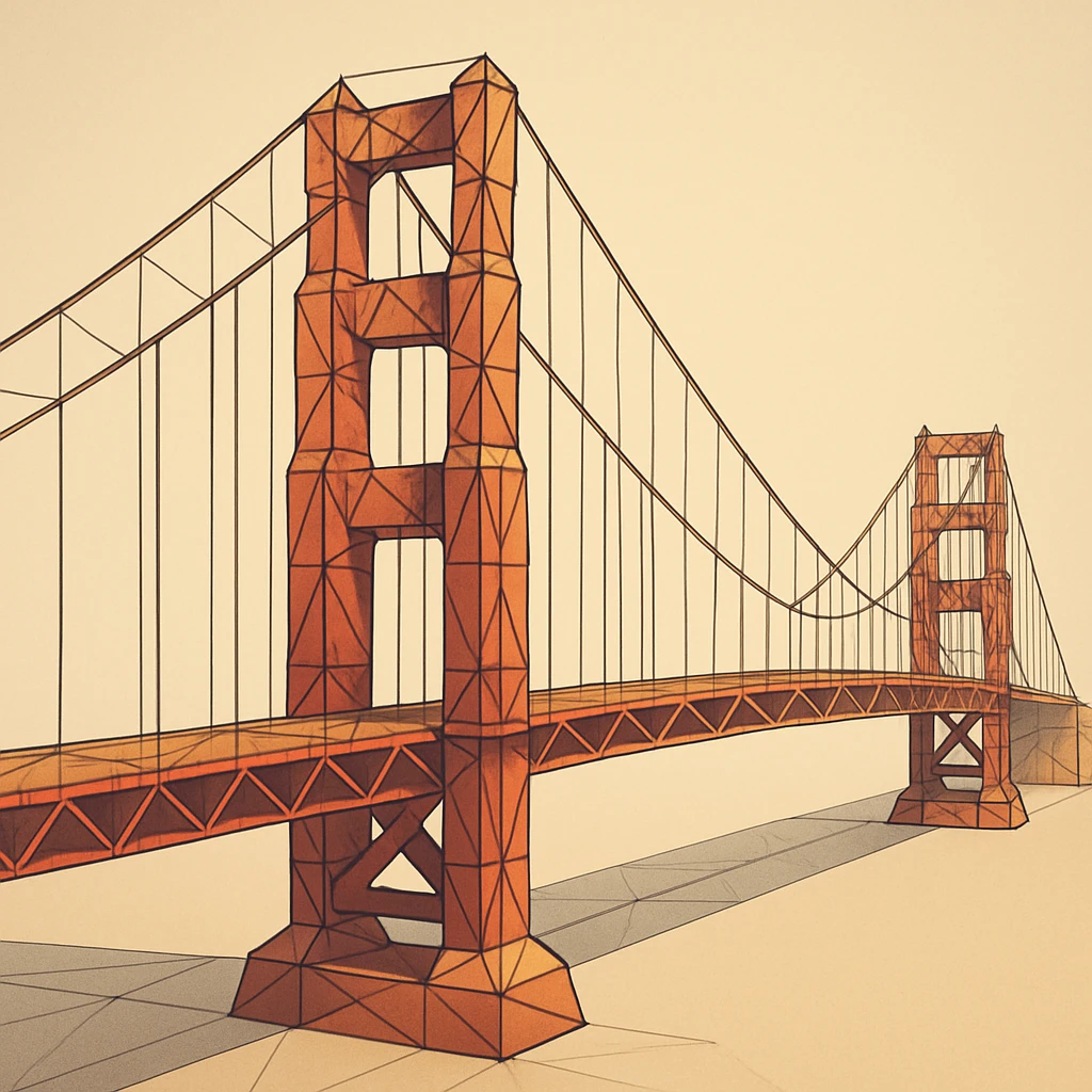 {
  "style_description": {
    "name": "Low Poly Wireframe",
    "overall_look": "Geometric abstraction with visible polygonal mesh edges and a minimal, digital aesthetic",
    "geometry": {
      "shape_type": "triangles and quadrilaterals forming faceted surfaces",
      "structure": "low-resolution polygon meshes with flat faces",
      "edge_visibility": "clear, sharp wireframe outlines around each polygon",
      "dimensionality": "3D-like forms created through flat shading and edge contours"
    },
    "linework": {
      "type": "thin or semi-bold outlines tracing all edges of the mesh",
      "style": "uniform or slightly stylized (e.g., dotted or glowing lines)",
      "color": "typically black, dark gray, or color-matched for contrast"
    },
    "color": {
      "application": "solid flat colors per polygon, without gradients",
      "palette_type": "limited, often monochromatic or with tonal variation per face",
      "highlighting": "minimal shading to emphasize surface depth without realism"
    },
    "lighting": {
      "approach": "ambient or directional lighting used sparingly to add dimension",
      "avoid": ["soft shadows", "complex reflections", "photorealism"]
    },
    "background": {
      "style": "plain or gradient backdrop to contrast mesh clarity",
      "consistency": "flat and neutral to preserve focus on wireframe structure"
    },
    "render_constraints": {
      "avoid": ["smooth surfaces", "rounded curves", "realistic textures"],
      "focus_on": ["polygon edges", "angular forms", "mesh clarity"]
    },
    "subject_treatment": {
      "representation": "simplified, stylized forms with clear geometry",
      "emphasis": "structure, volume through form and edge"
    }
  }
}

{subject} = golden gate bridge emoji
