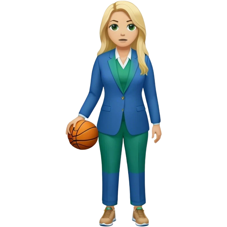 Full Body white plus size female basketball head coach with long blonde hair in a blue and green suit emoji