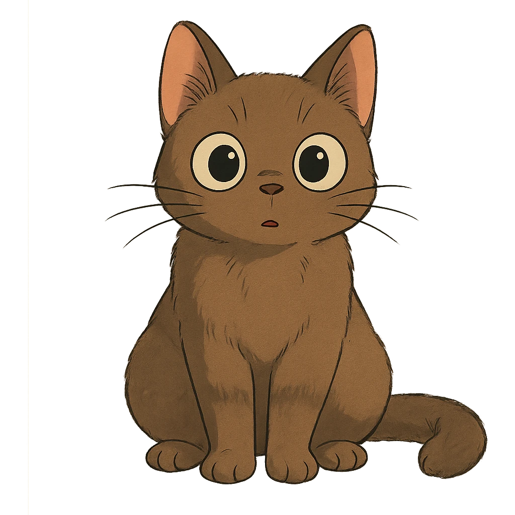 a curious cat with big eyes, ghibli style, cute, expressive emoji