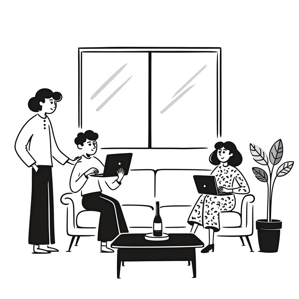escenary 3d of a cozy mid-century living room with two people working on laptops, one man standing at a desk, and one woman sitting on a couch emoji