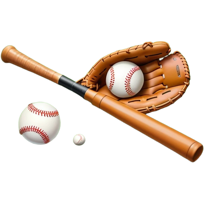 A baseball bat, ball, and glove placed on the grass of a baseball field, with the diamond and base lines clearly visible in the background. The scene captures the essence of the sport, with the equipment ready for action on the neatly marked field. emoji