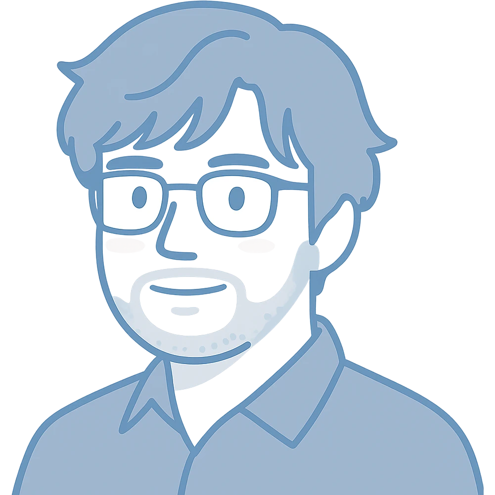 A man with glasses, stylishly messy longer hair with cool well-defined bangs, a naturally round face shape, and a broader nose. Use light faded blue colors for the main outlines and details, subtle pink highlights only on the cheeks, and gray only for the short beard and shadow details where necessary. emoji