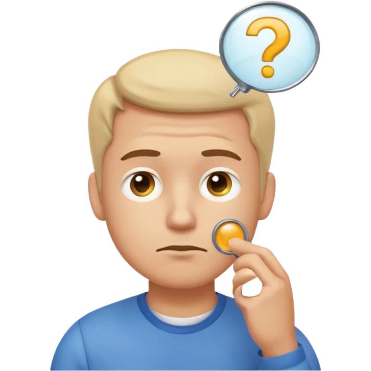 Realistic emoji-style man in simple everyday clothes, looking thoughtful and analytical. A thought bubble above his head shows a critical-thinking icon (question mark + magnifying glass). Soft lighting, expressive critical facial expression. emoji