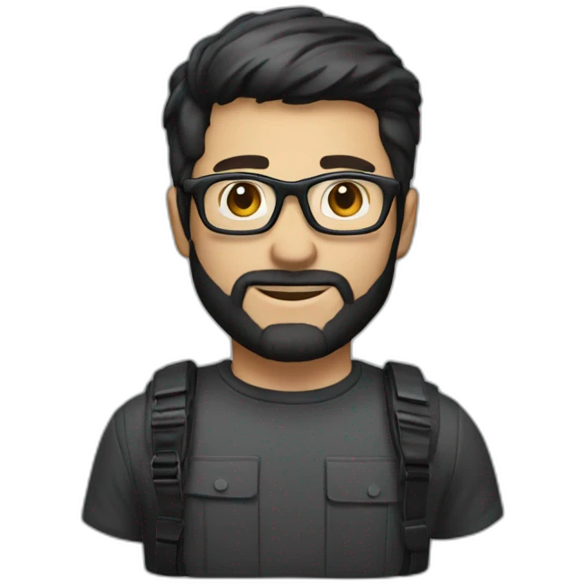 masculine man with dark glasses, short dark hair, and short beard with a camera emoji