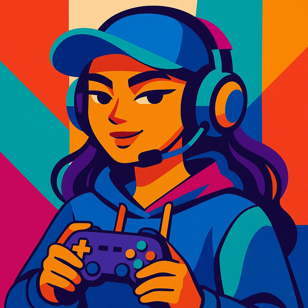 cool gamer girl with headphones and a cap, modern, confident, vibrant colors emoji