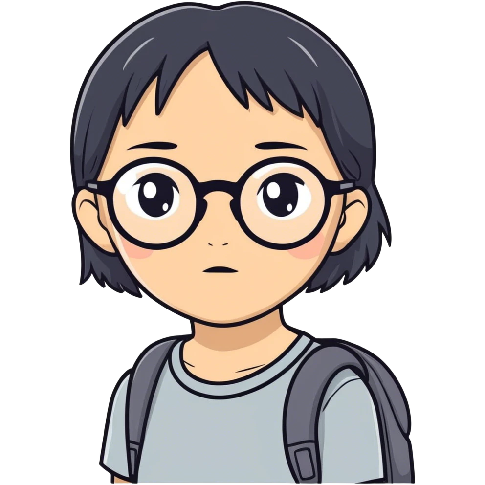 Niña con pelo negro y gafas grises con ojos negros emoji