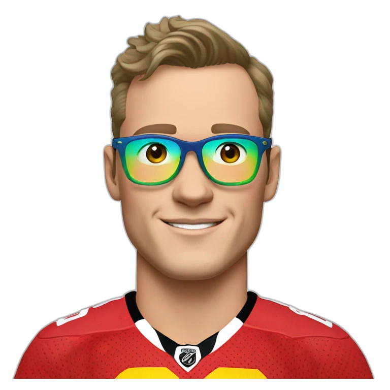 Jonathan Toews wearing glasses and rainbow clothes emoji
