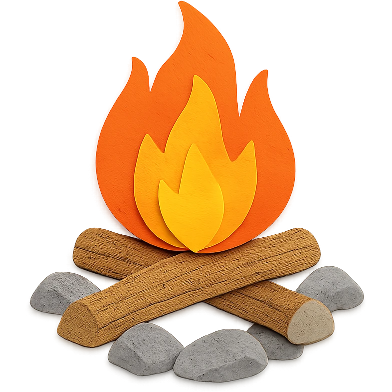 campfire, layered paper details, bright orange and yellow flames, logs and rocks, naturalistic setting emoji