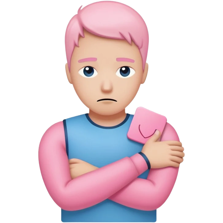 avoidant person with guarded neutral expression and slightly distant eyes, body posture leaning away with arms crossed creating emotional barrier, small shield or wall symbol nearby, phone face down being ignored, minimal soft rounded design with gentle blue and pink colors matching anxious attachment style emoji