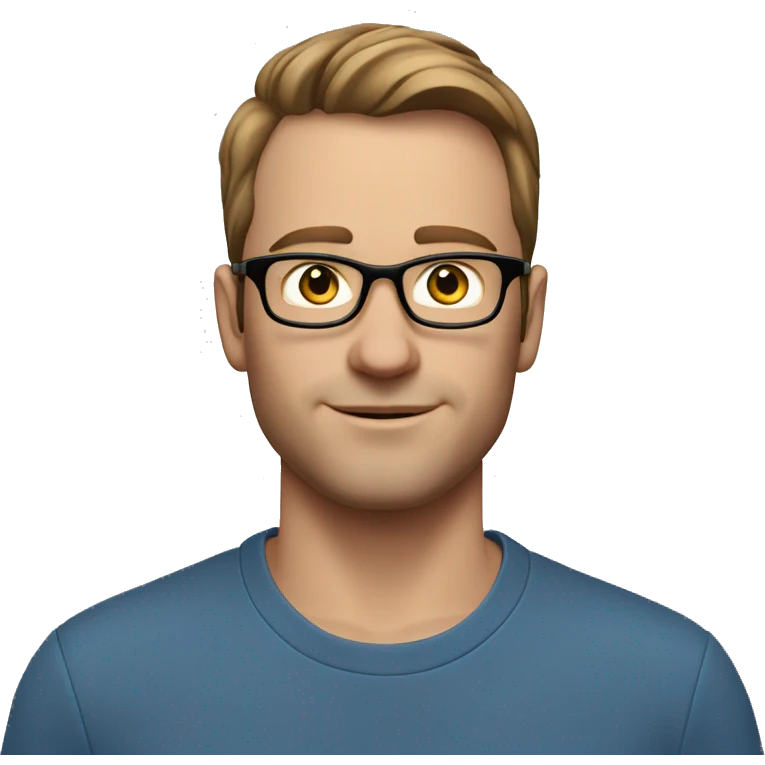 A head and shoulders shot of a 33 year old white man, with short brown hair,  wearing glasses with blue eyes wearing a t-shirt. emoji
