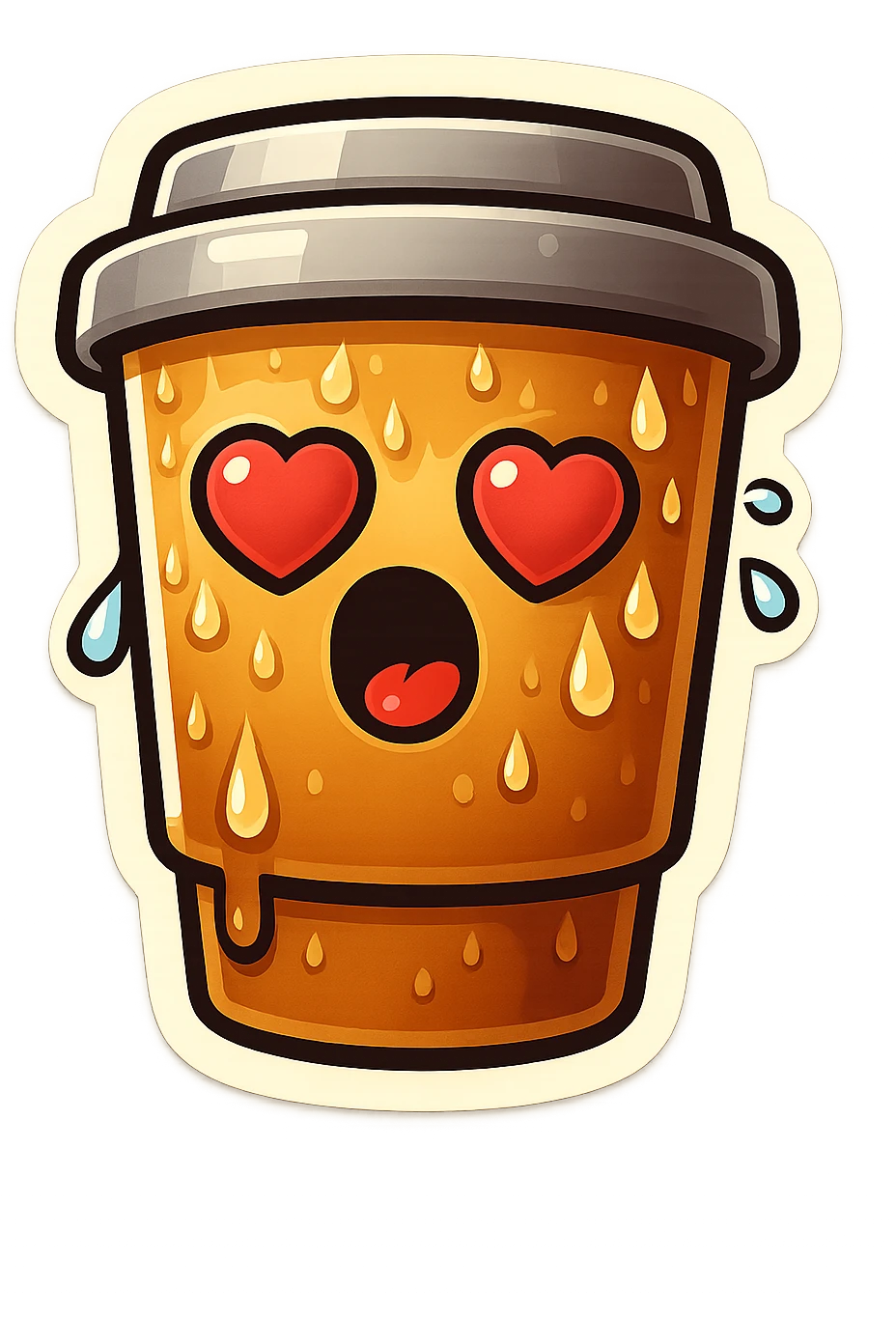 Tall coffee cup, sweating, mouth open, heart eyes emoji