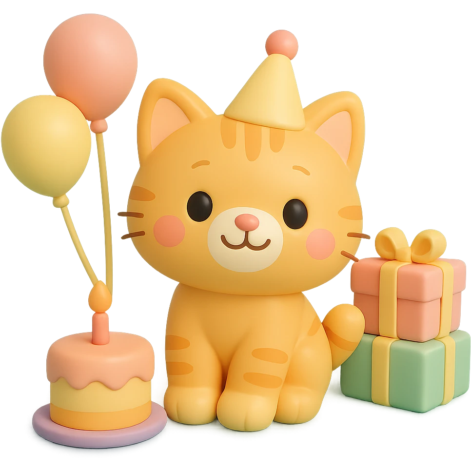 ginger tabby kitten sitting next to a stack of gifts, wearing a party hat, birthday cake and balloons around, cheerful emoji