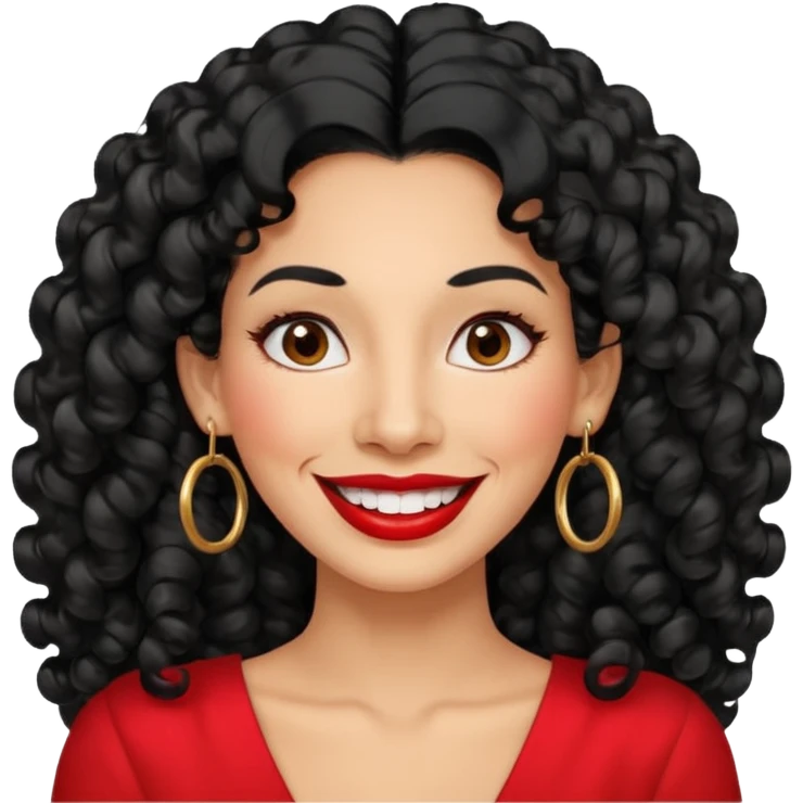 40 yr old peruvian woman, very curly long black hair, red lipstick, big smile, white teeth, brown eyes, hoop earings, hair parted at side emoji