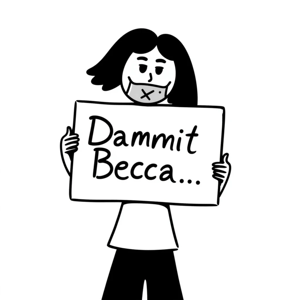 hand-drawn doodle of a face with symbols over the mouth, holding a protest sign that says 'Dammit Becca' emoji
