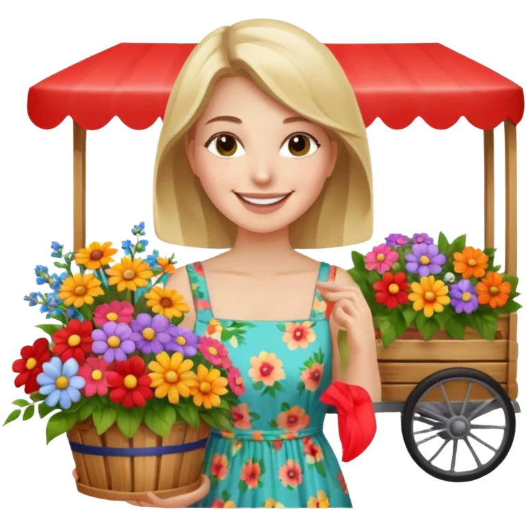 Shopper with flower bouquet,Farmers’ Market, background Flowers cart. emoji