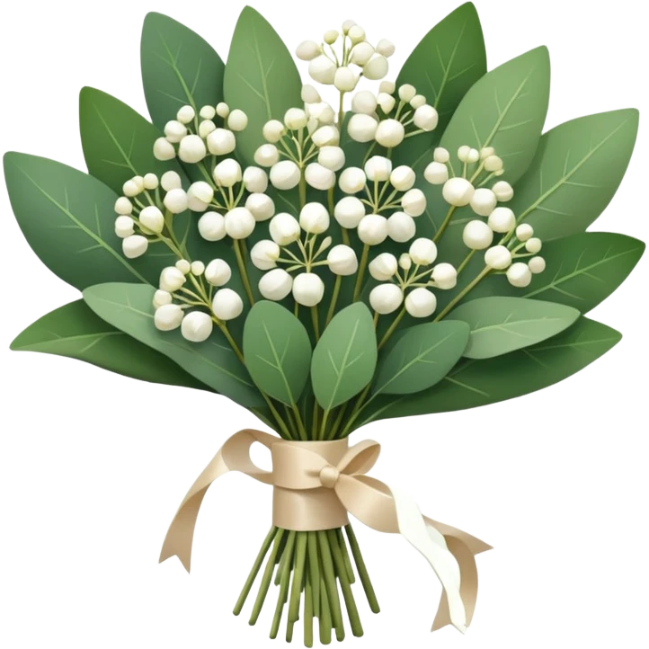 bouquet of eucalyptus and gypsophila flowers with beige ribbon emoji
