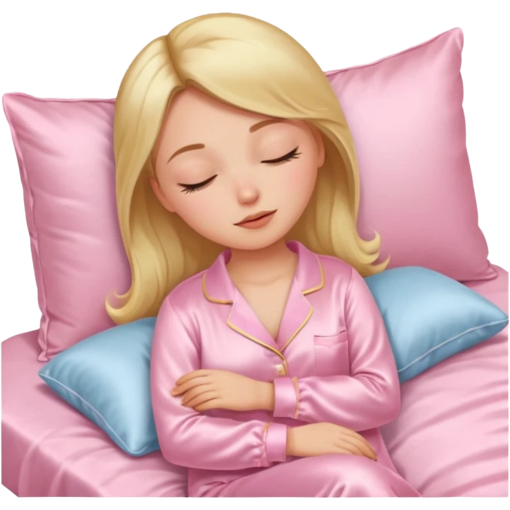 Mulher dormindo de pijama na sua cama de cetim rosa bebê emoji