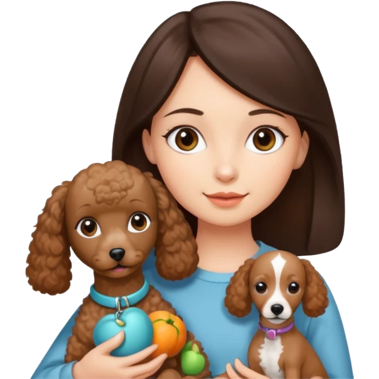 girl with dark brown straight hair holding apricot toy poodle and a greyhound emoji
