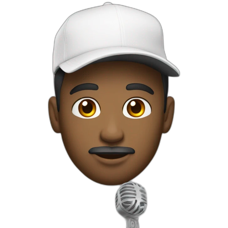A swarthy man. With a tattoo on his neck and a white cap, and a microphone in front of him. emoji