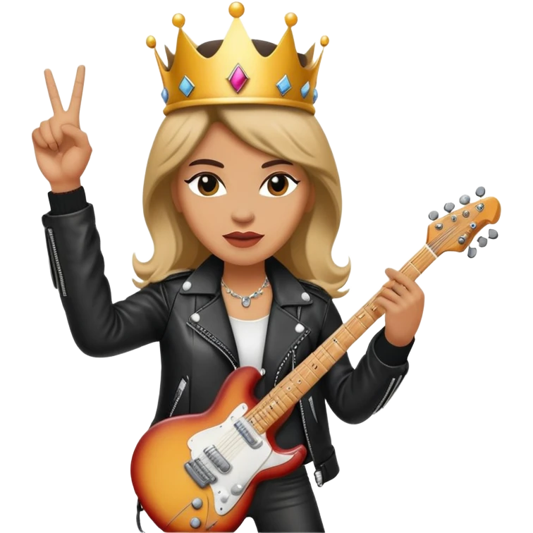 A rock and roll queen with a crown, electric guitar, and leather jacket making a rock gesture emoji