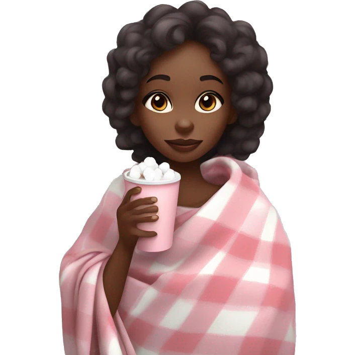Cute black girl wrapped in pastel pink plaid blanket drinking coco with marshmallows emoji
